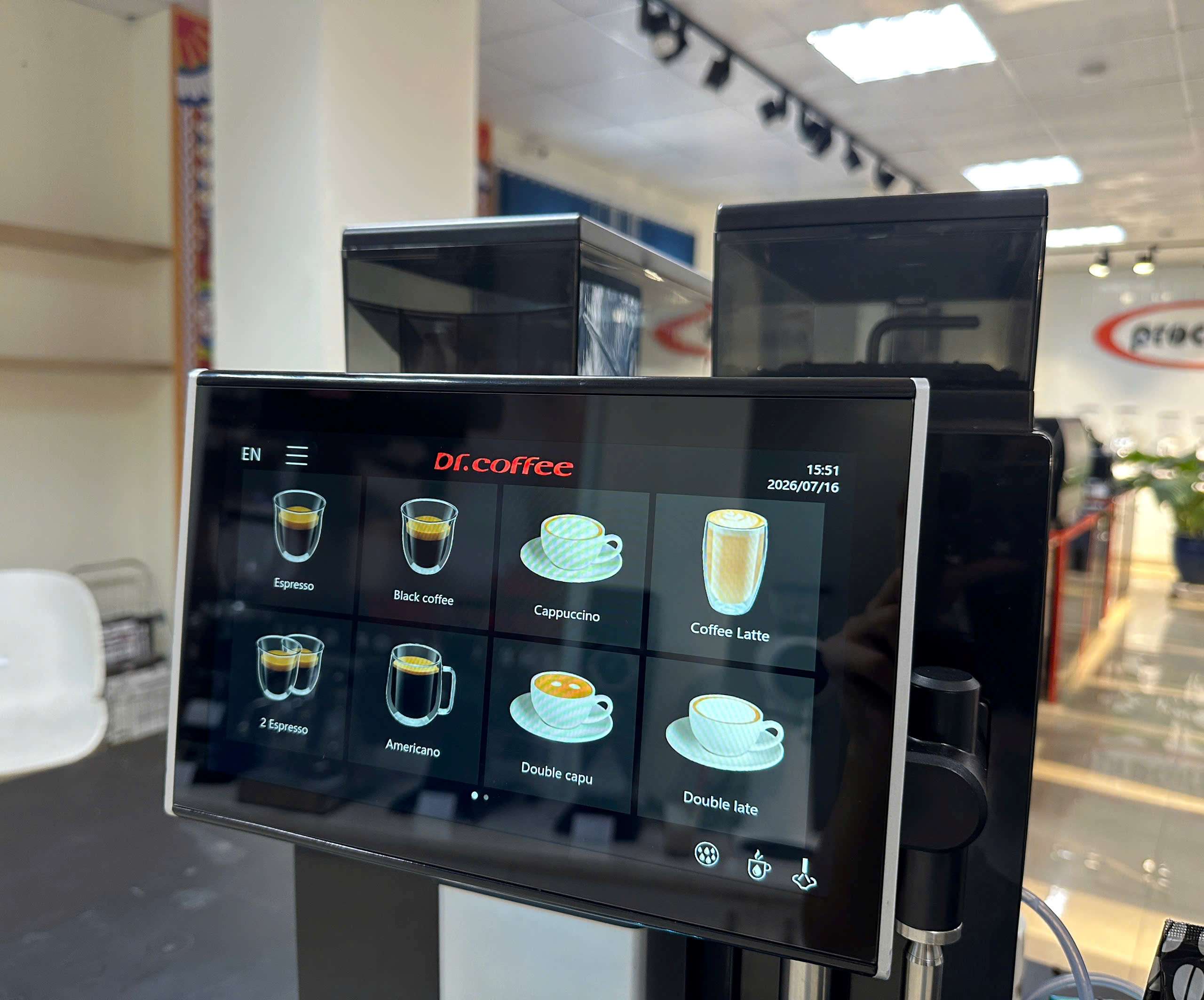 Dr.Coffee Coffee Express có màn hình cảm ứng 10.1", giao diện đơn giản, trực quan