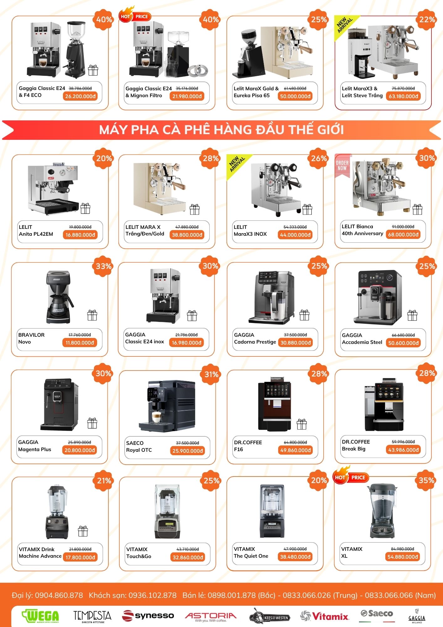 Các thương hiệu nổi tiếng như Lelit, Gaggia, Eureka, Saeco, Vitamix, Dr.Coffee,...