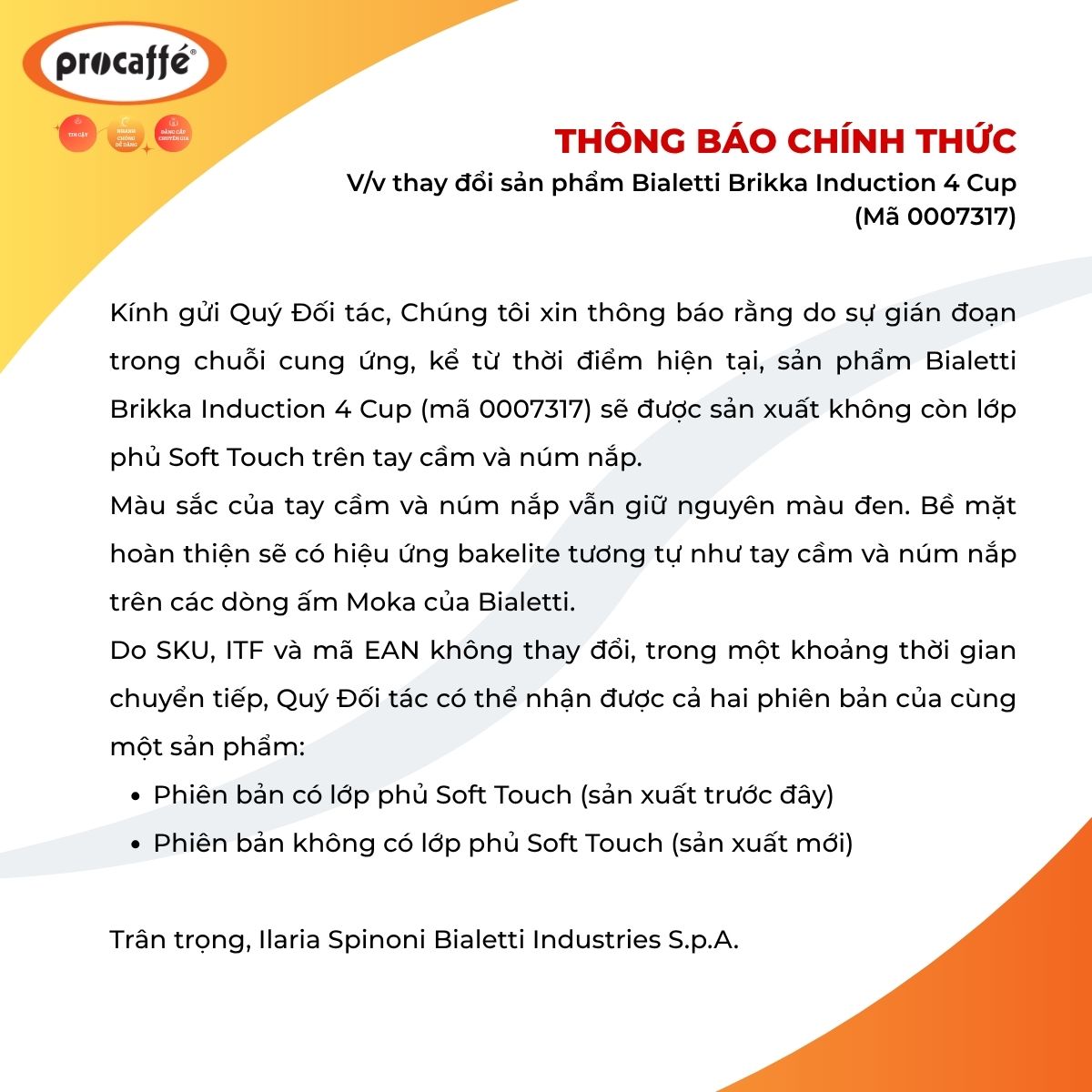 Thông báo thay đổi sản phẩm Bialetti Brikka Induction 4 Cup