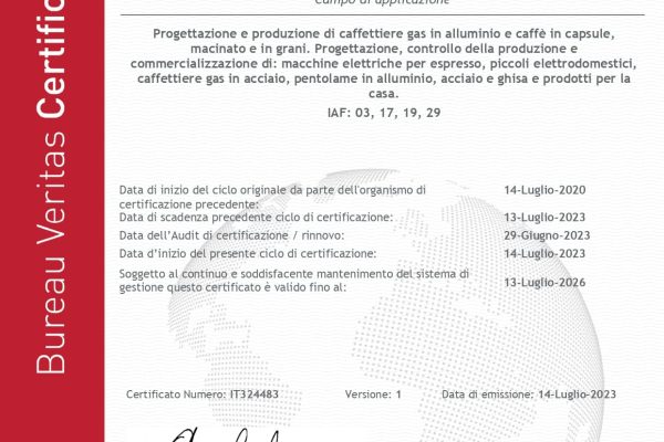 Thương hiệu Bialetti đat chứng nhận ISO 9001:2015 do Bureau Veritas cấp