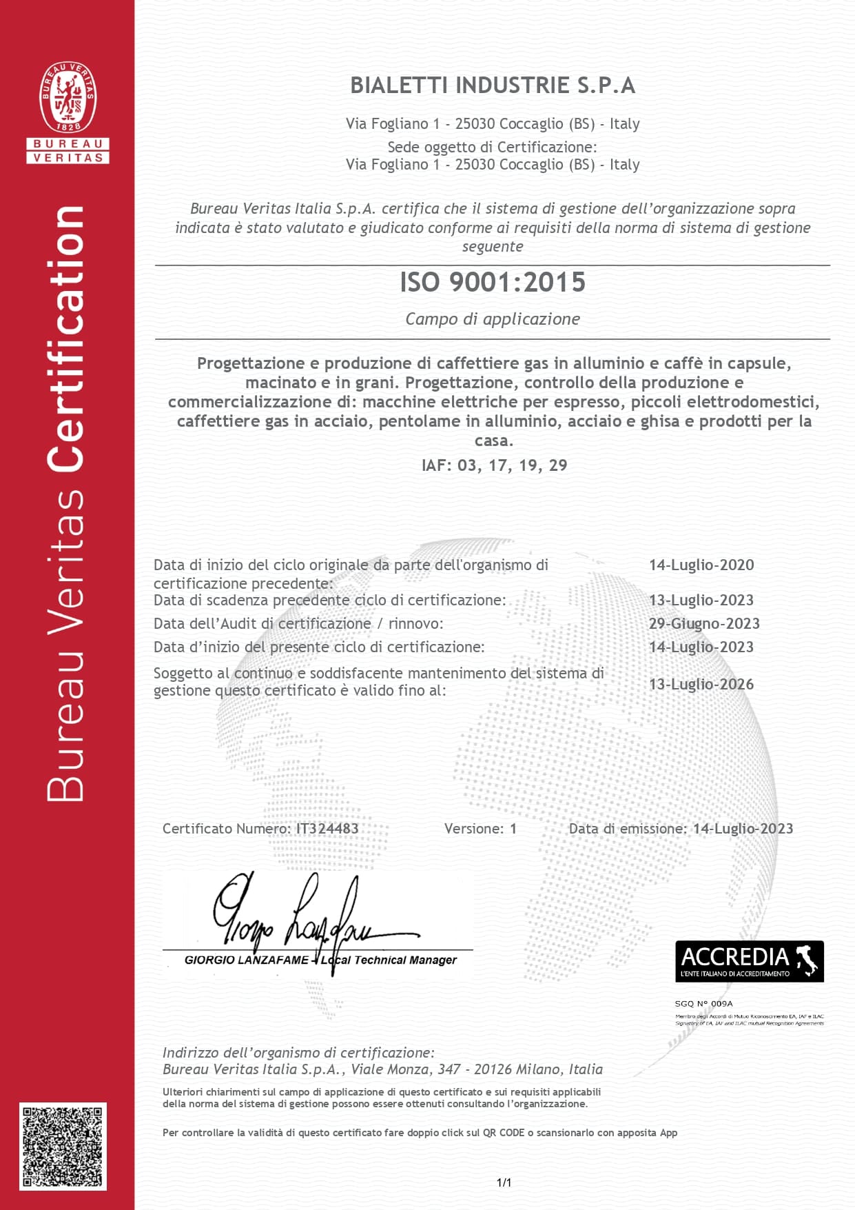 Thương hiệu Bialetti đat chứng nhận ISO 9001:2015 do Bureau Veritas cấp
