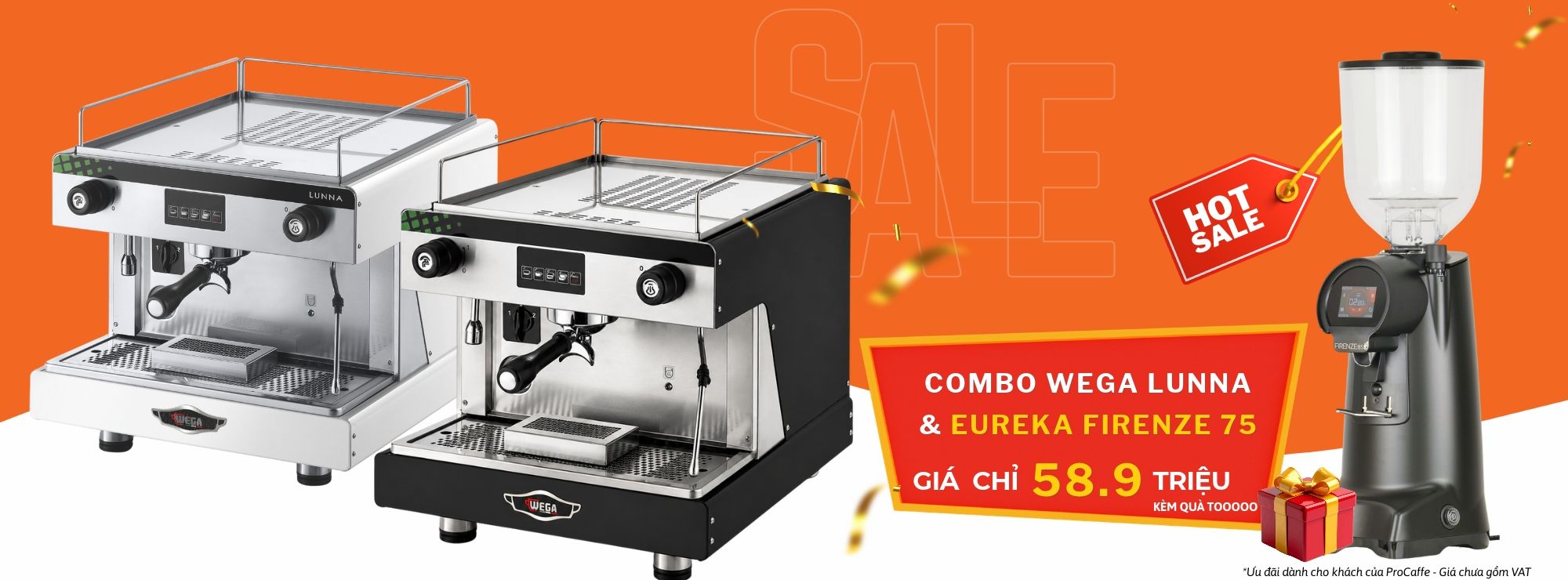 Khuyến mãi combo máy pha cafe espresso Wega Lunna và Eureka Firenze 75